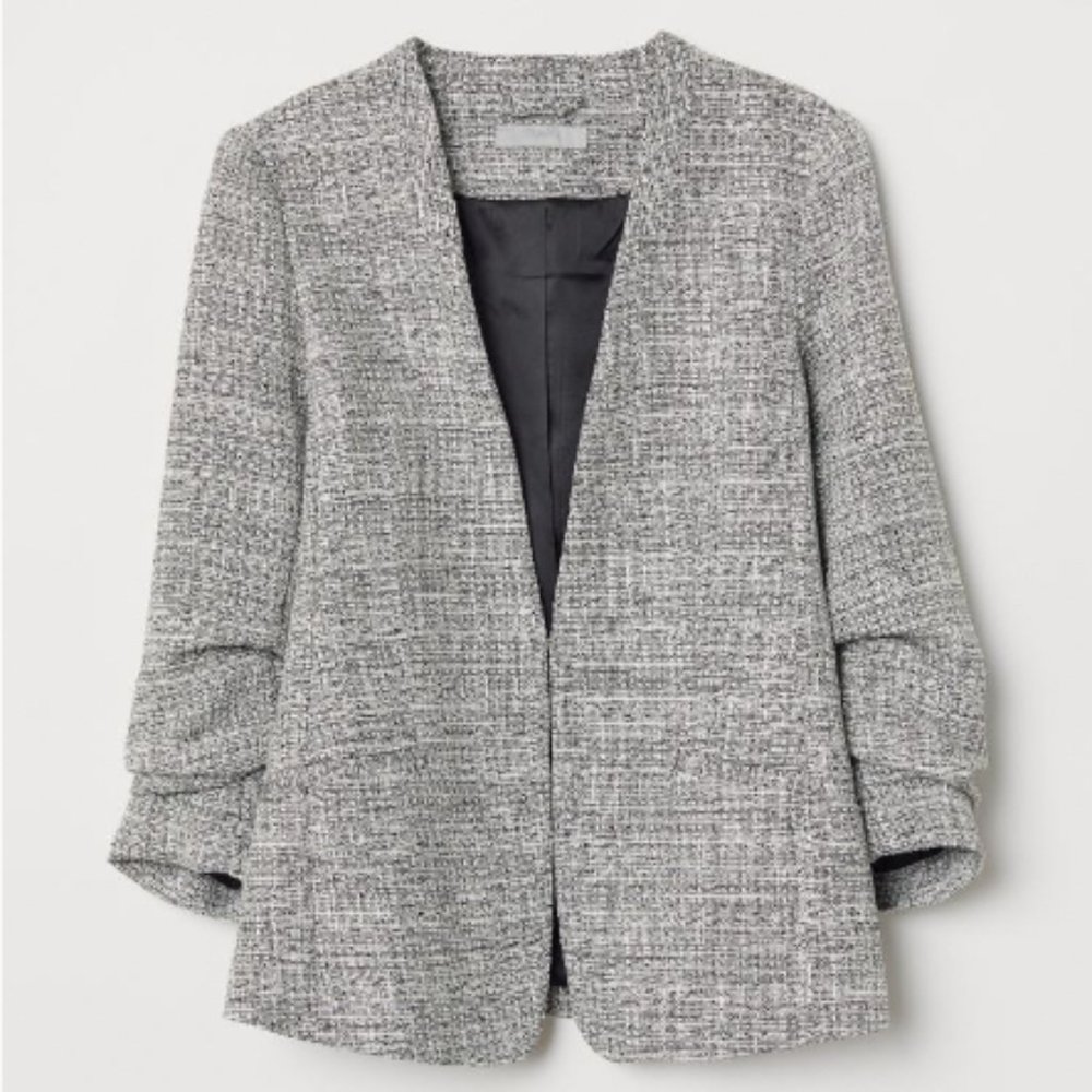 4/$15 💖 H&M White Jacquard Collarless Blazer Ruched Sleeves
